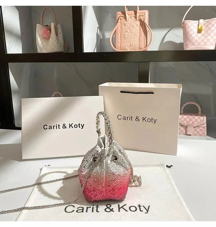 Crystal Shiny Diamonds Bucket Bag Fashion Women Handbag Metal Ring Handle Evening Bag Wedding Party Clutch Purse Crossbody Bag