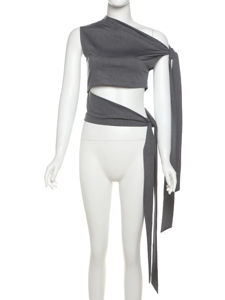 Weird Puss Hollow Bandage Tank Tops Women Ribbon One Shoulder Solid Sexy Summer Trend Wild Midnight Club Skinny Irregular Vest