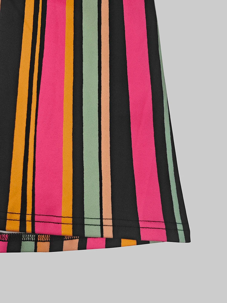 2025 Ladies Bodycon Dress V-neck Long Sleeves Colorful Striped Evening Dresses for Women High Waist Pleated Dress