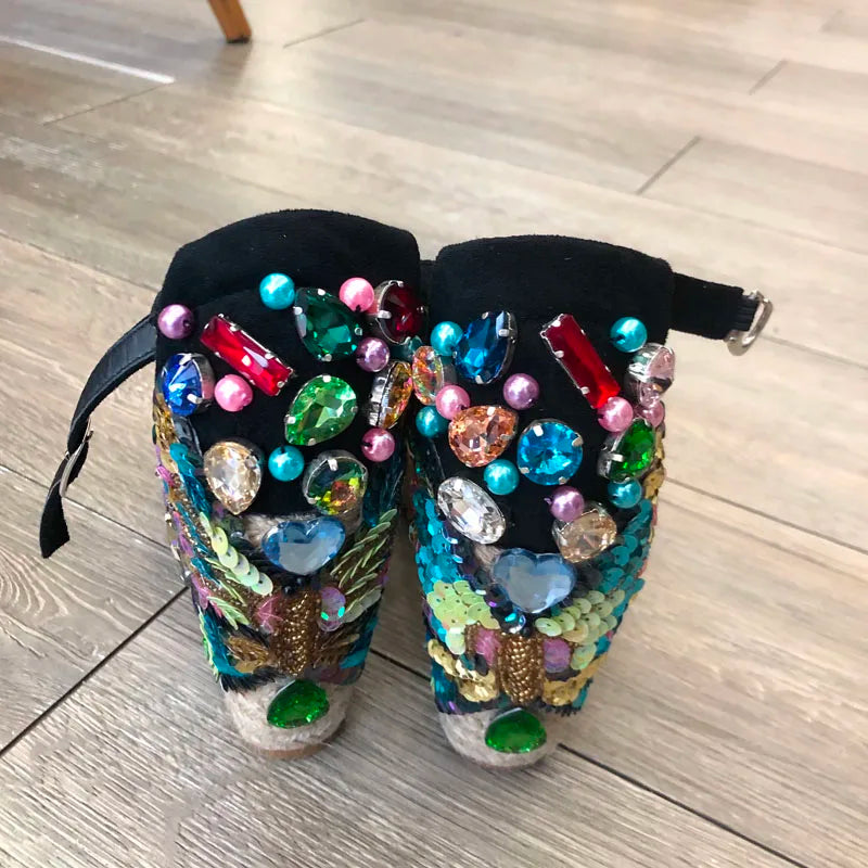 Butterfly Rhinestone Embellished Rope Braided Wedge Sandals Peep Toe for Women