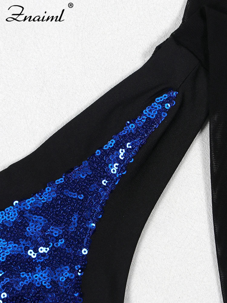 Znaiml Women Elegant Cocktail Prom Long Blue Dress Luxury Sequin Sleeveless Bandage Wedding Gown Evening Formal Party Vestidos
