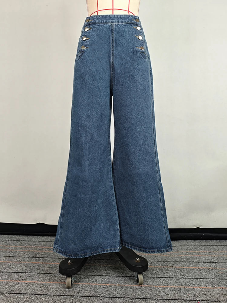 Beautyblue Fashion Women's Jeans Button Baggy Denim Jeans Pants High Waist Casual Classic Blue Wide Leg Trouser Female Y2K Punk