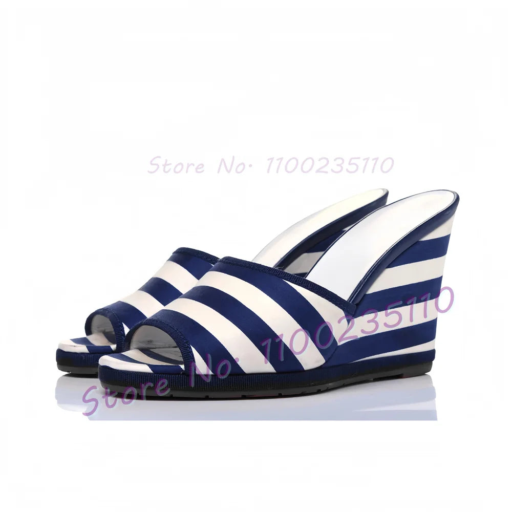 Elegant Red Stripe Canvas Open Toe Wedge Mules For Women