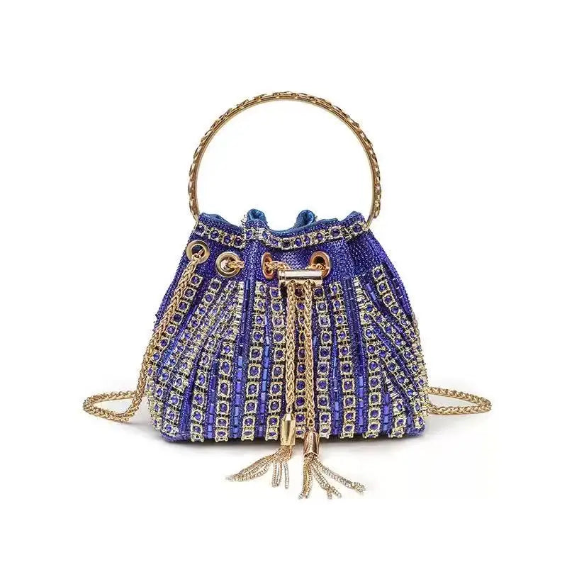 Crystal Shiny Diamonds Bucket Bag Fashion Women Handbag Metal Ring Handle Evening Bag Wedding Party Clutch Purse Crossbody Bag