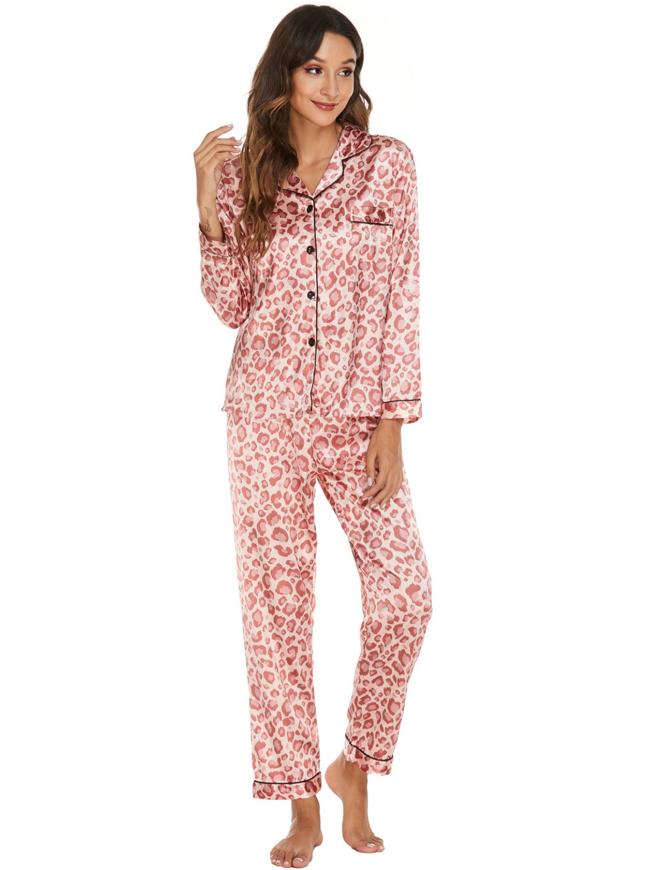Women 2 Pieces Satin Pajamas Set Spring Autumn Long Sleeve Button Up Shirt and Casual Loose Elastic Pants Sleepwear Loungewear