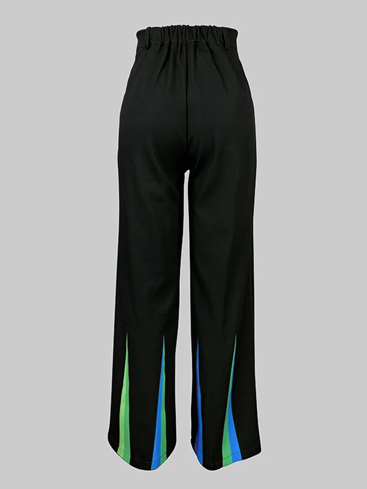 2025 New Women Black Printed Straight Leg Pants Pockets Loose Fit High Waisted Office Business Casual Trousers