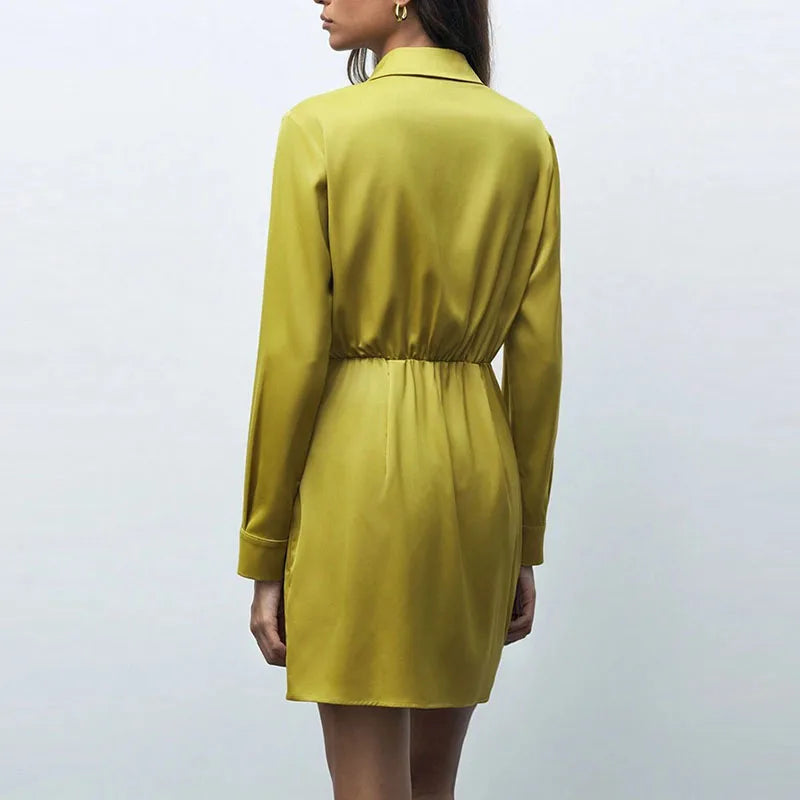 Casual Office Wrap Hip Short Dresses Autumn New Satin Solid Color A-line Dress 2025 Fashion V-neck High Waist Pleated Mini Dress