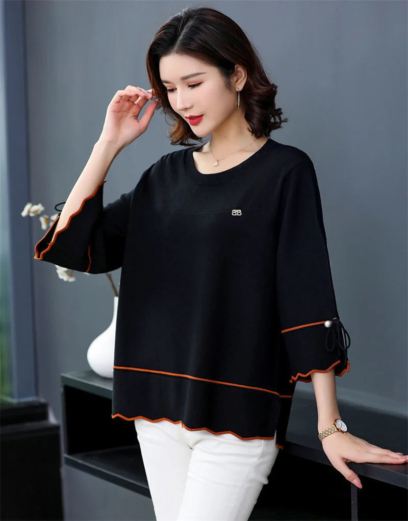 6XL Mom Large Summer New Ice Silk Shirt 3/4 Sleeves Round necked T-shirt Knit Sweater Loose Top For Wearing Outwear Top Black