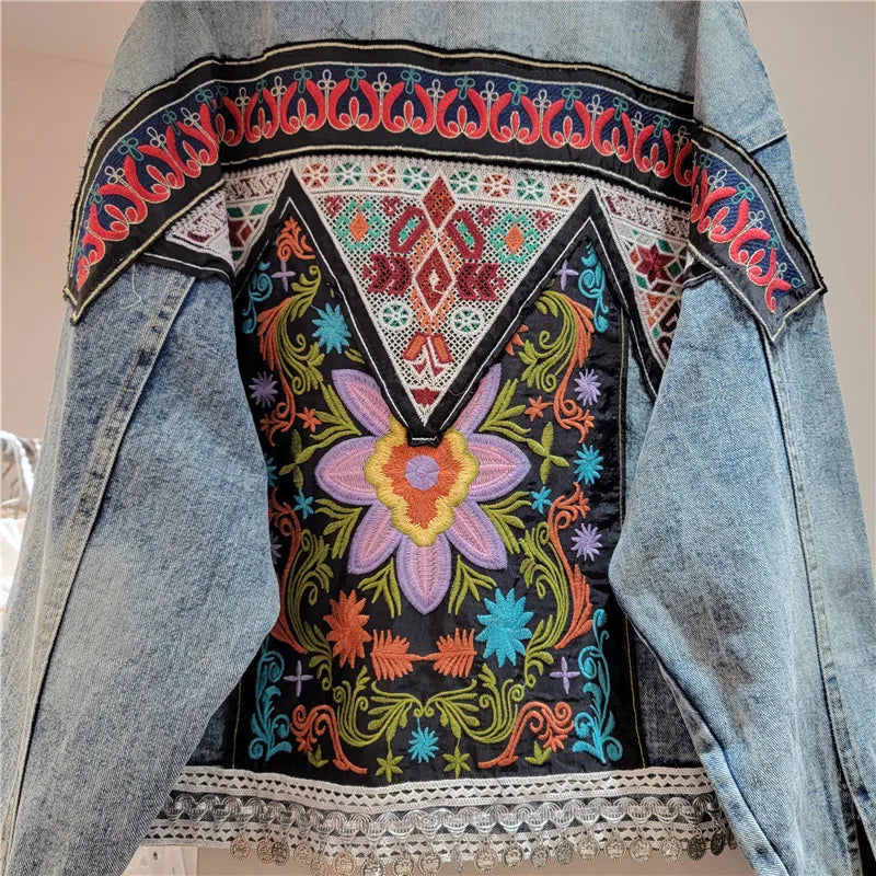 YEAE Ladies Bohemian Denim Jacket Autumn Floral Patch Embroidered Vintage Jacket Long Sleeve Outerwear Women's Jacket