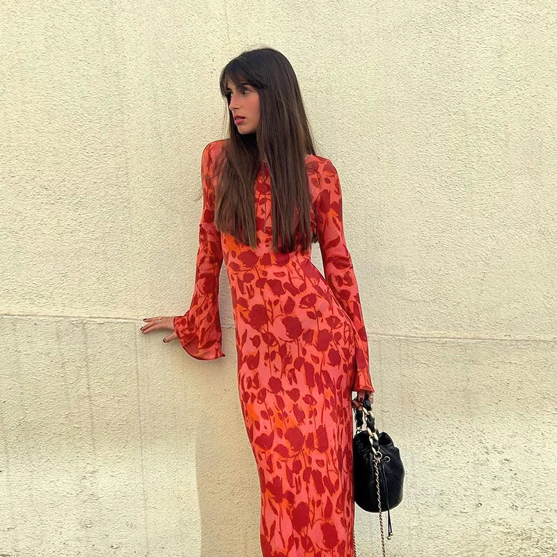 Temperament printed crewneck basic dress female fall style fashion elegant slim dress