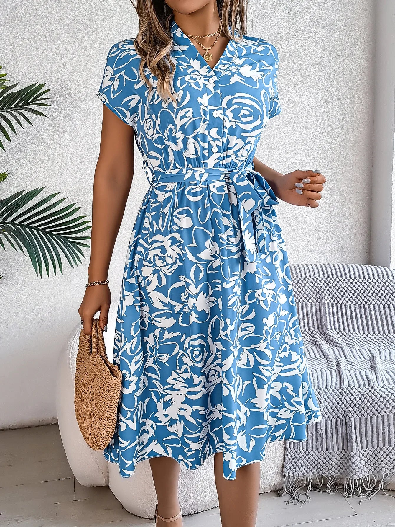 Casual V-neck Button Batwing Sleeve Floral Maxi Dress Spring Summer 2024 Women's Clothing Cross-Border Fashion Dress