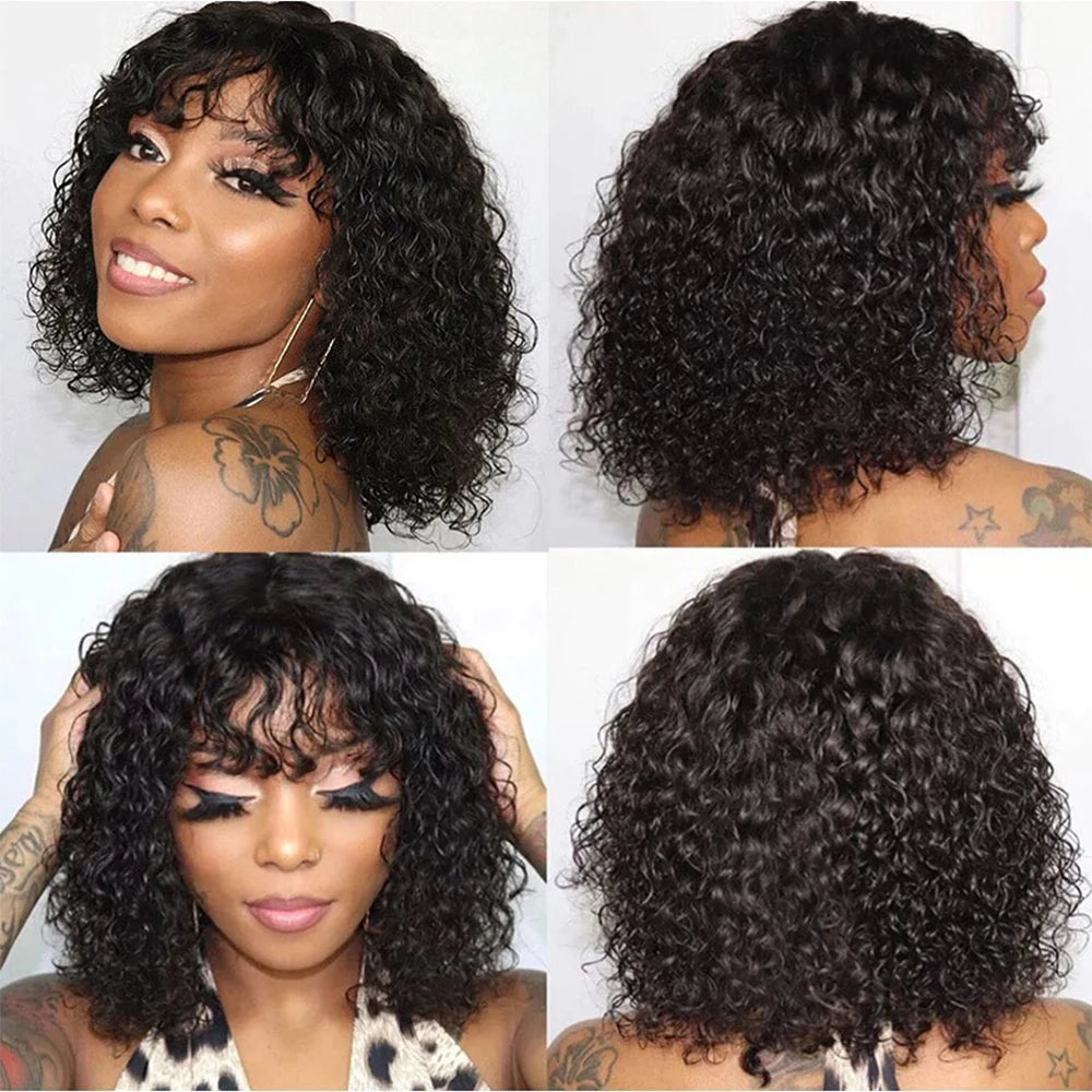 Water Wave BOB Wig With Bangs Human Hair Realistic Look Bang Wig 180% Medium Length Curly Wigs for Black Women Natural Black