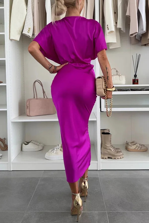 2025 Womens Satin Dresses Summer Khaki Black Blue Dress Woman V-Neck Bat Sleeve Vestidos Elegant Luxury Dresses