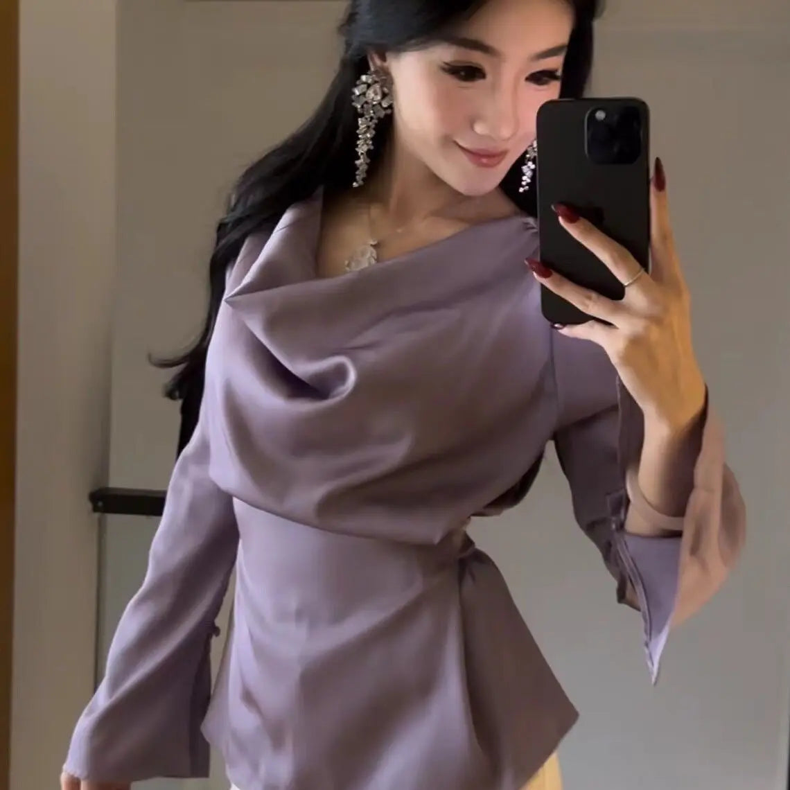 Silk Satin Basic Blouse Women Luxury Elegant Flare Long Sleeve Shirt Lady Bandage Tunic Top Korean Office Casual