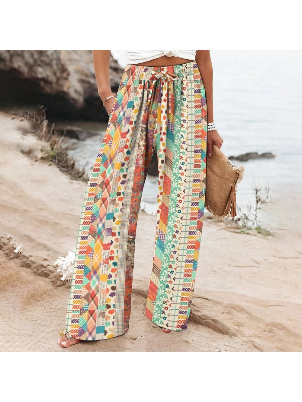Women's Straight Casual Pants Flower Print Elegant Bohemian Wide Leg Pants Drawstring Design High Waist Beach Pants