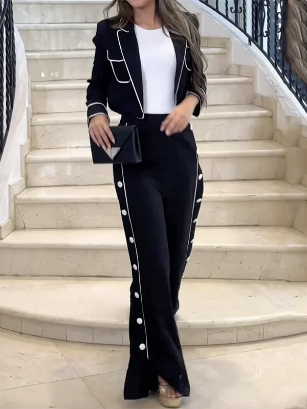 Beautyblue Black Pant Set Women's Blazer&Pants New Fashion High Waist Loose Buttoned Pocket Lapel Two-piece Set Office Commute