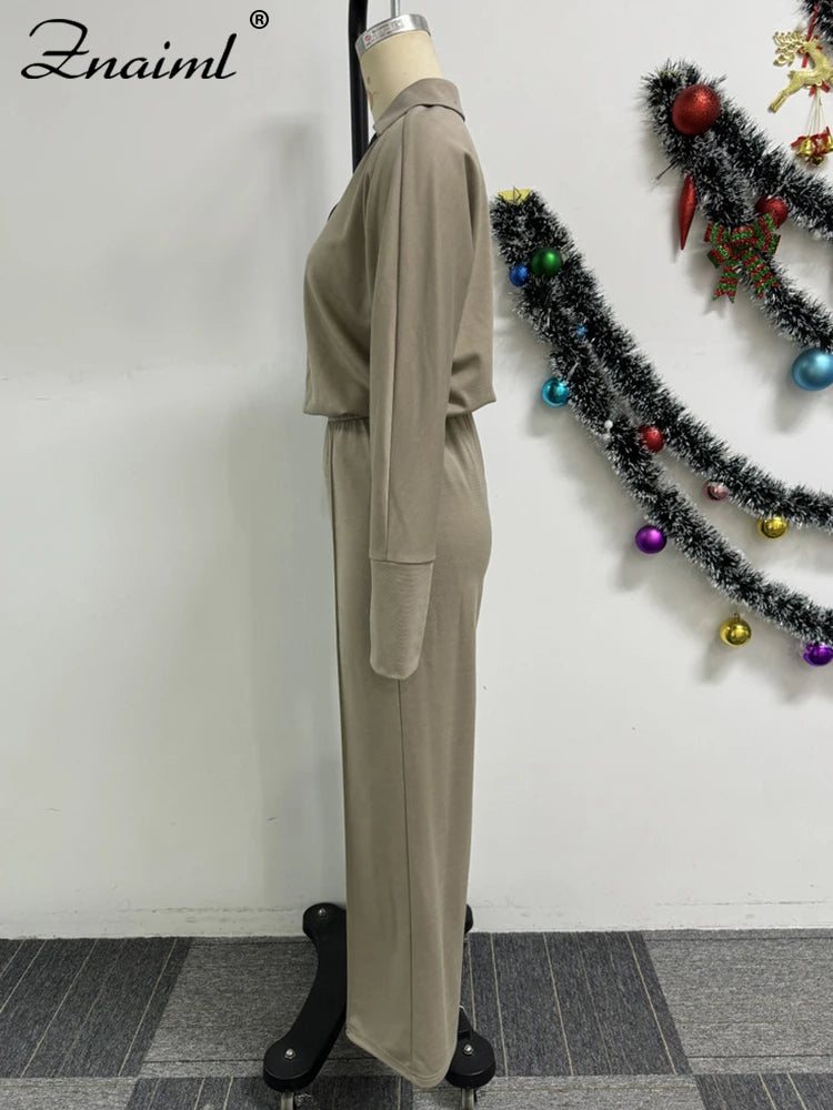 Znaiml Casual Office Lady 2 Piece Sets Women Summer Long Sleeve V Neck Polo Shirt Tops and Wide Leg Pants Streetwear Outfit 2025