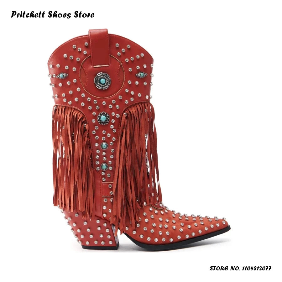 Crystal Embellished Fringe Pointed Toe Leather Wedge Boots for Women