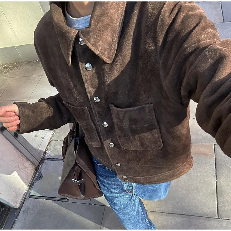 Big Pockets Suede Short Women's Jackets Vintage Lapel Single Breasted Full Sleeve Jacket Lady 2025 Spring Fashion Streetwears