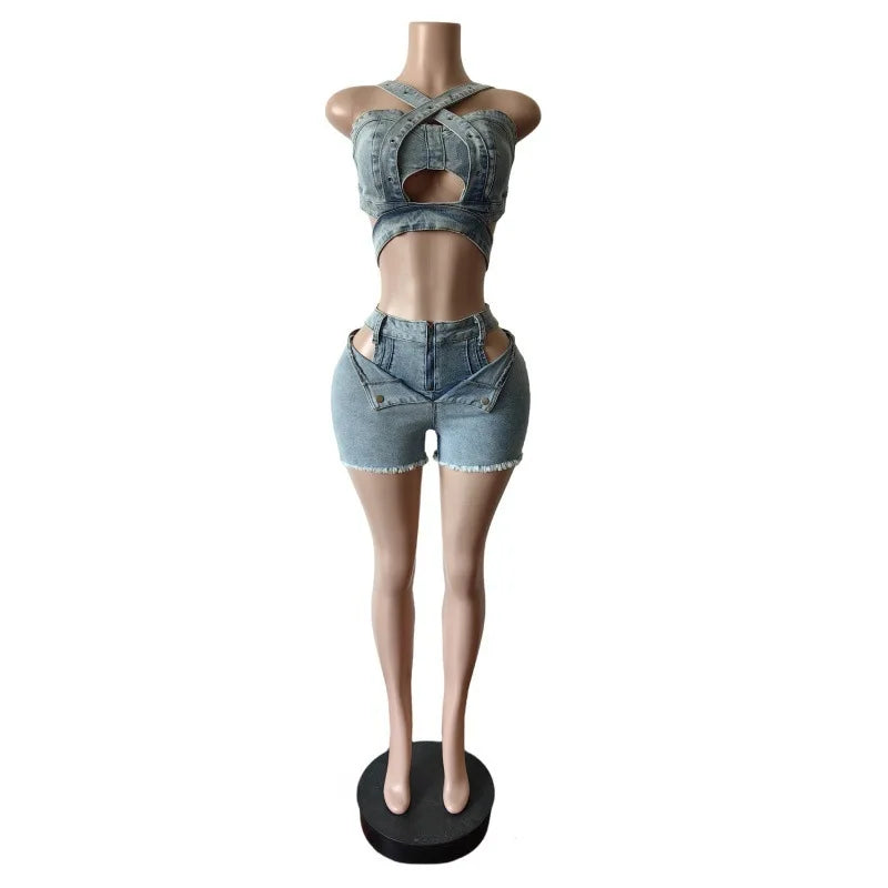 CM.YAYA Sexy Holiday Denim Women's Set Halter Neck Crop Tops and Ripped Out Shorts Jeans 2025 Summer Two 2 Piece Sets Outfit