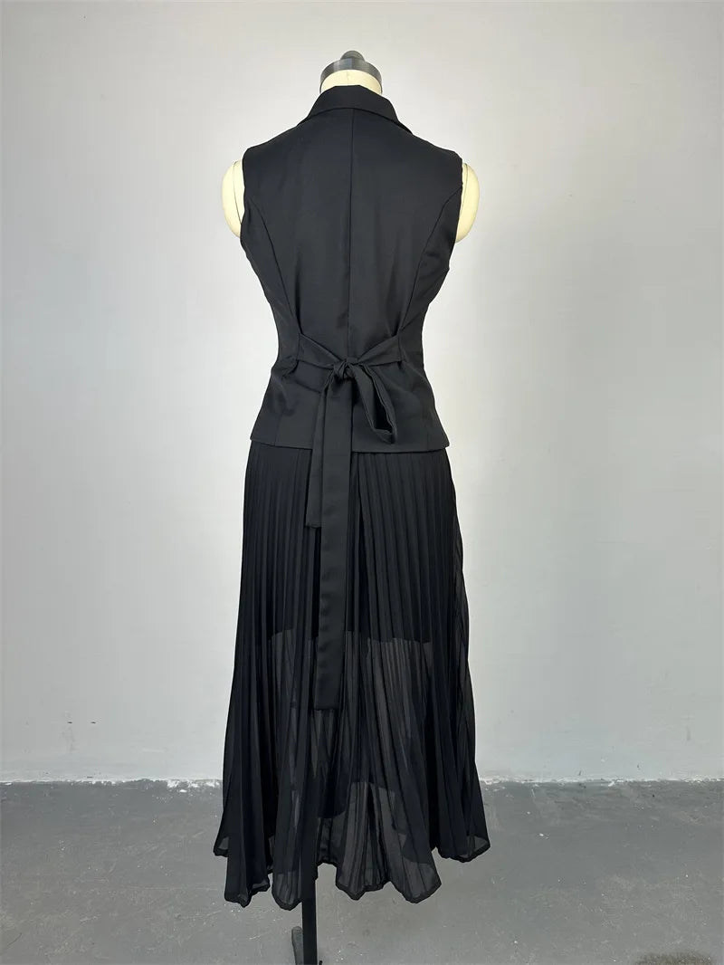 CM.YAYA Street OL Work Women's Set Sleeveless Vest Tops and Pleated Skirts Suit 2024 Summer INS Two 2 Piece Set Outfit Tracksuit