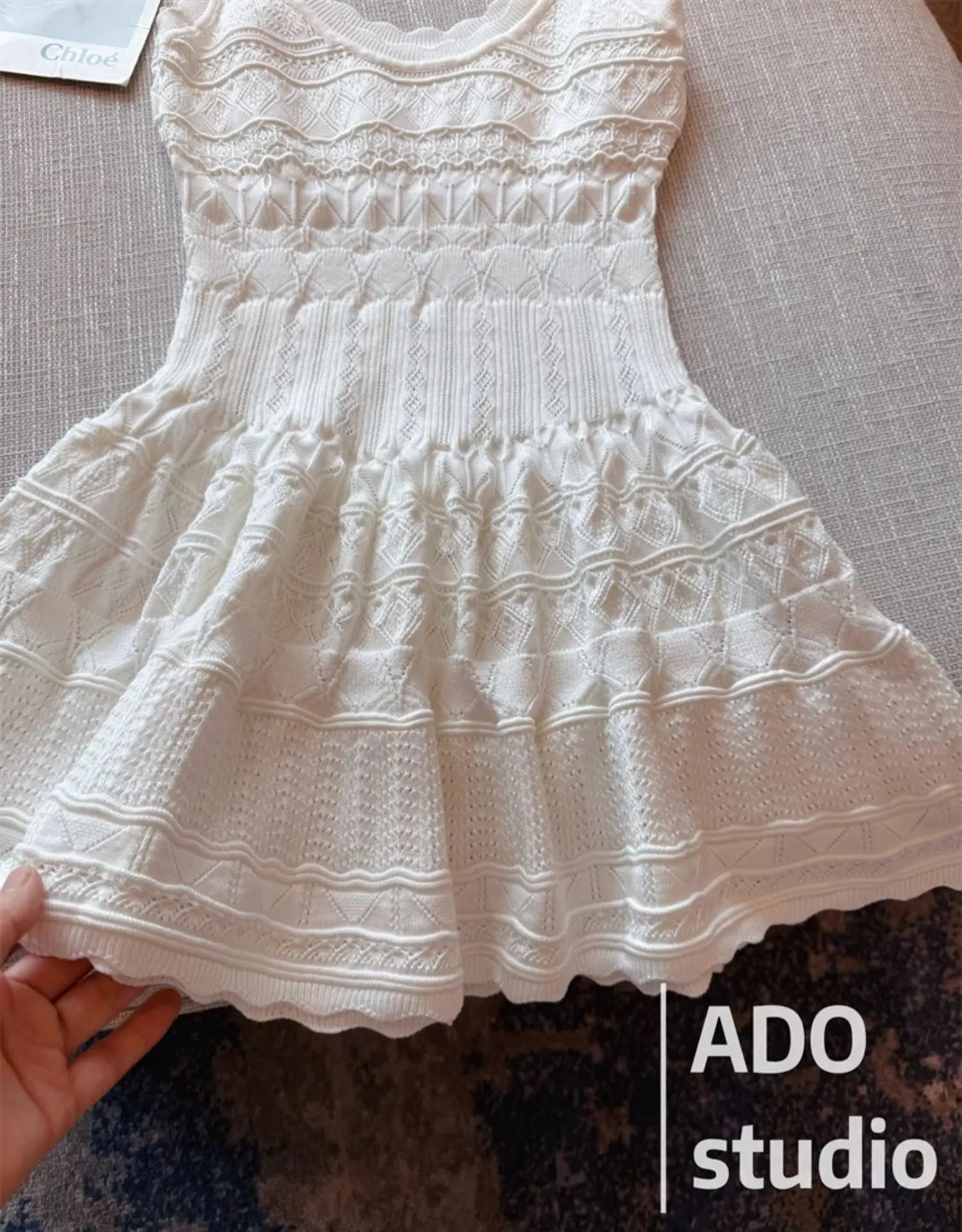 White Sweet A-line Ruffle Edge Knitted Vest Dress Women's Summer French Fashion Slim Temperament Sexy Girl Hollow Short Dress
