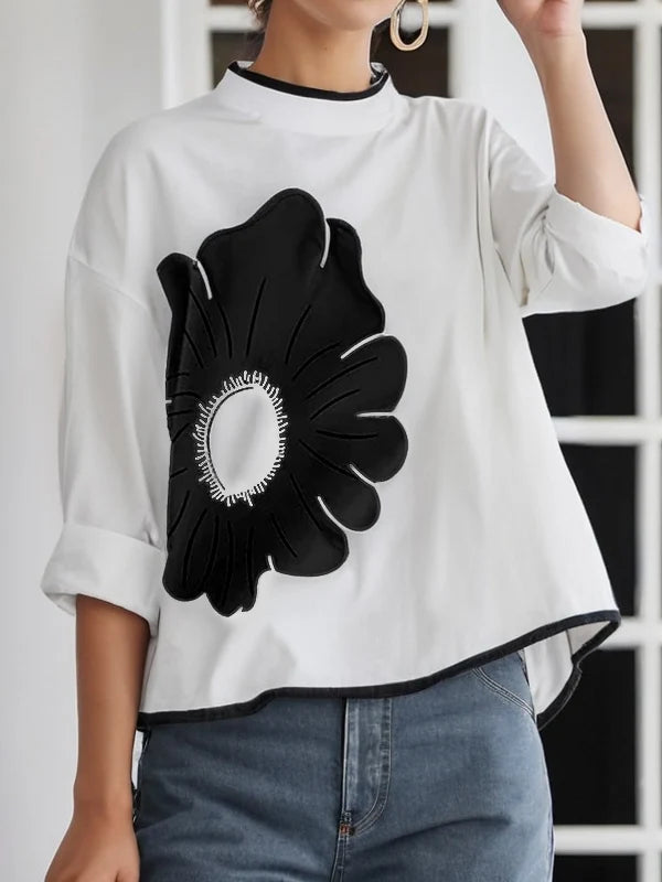 Gymystars Women's Flower Printed Clothes T-Shirts 2025 Mock Neck T-Shirts Summer Black Casual Autumn y2k Tops For Women 2XL
