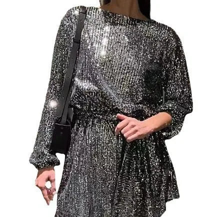 Sparkly Puff Long Sleeve Party Dress with Belt for Women Glitter Beaded Mini Dress Loose Wedding Bridesmaid Ladies Short Dresses