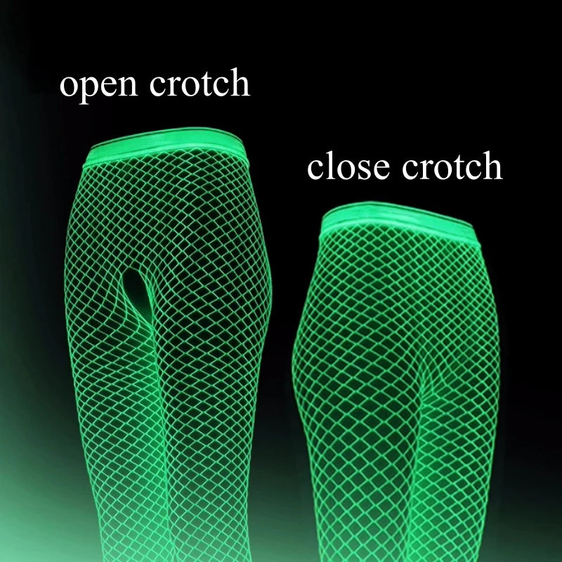 Woman Flash Luminous Fishnet Stockings Open Crotch Pantyhose Moving Mesh Leggings Tights Perspective Glow Dark Lingerie Gothic