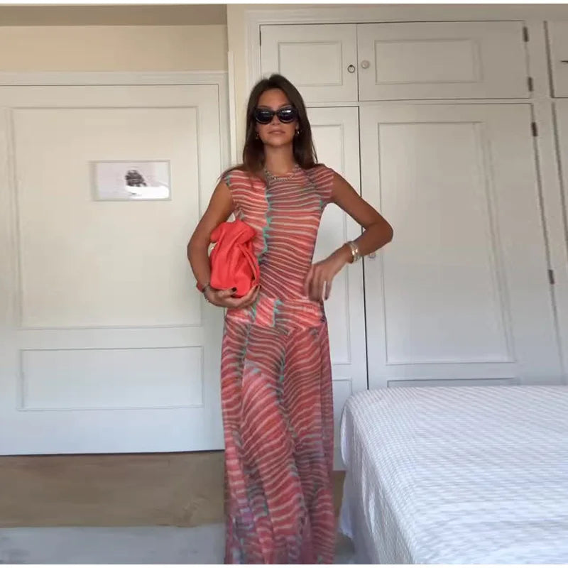 Chic Printed Contrast Women's Skirt Suit Sexy O-neck See Through Sleeveless Bodysuit High Waist Skirts Female 2025 Summer Outfit