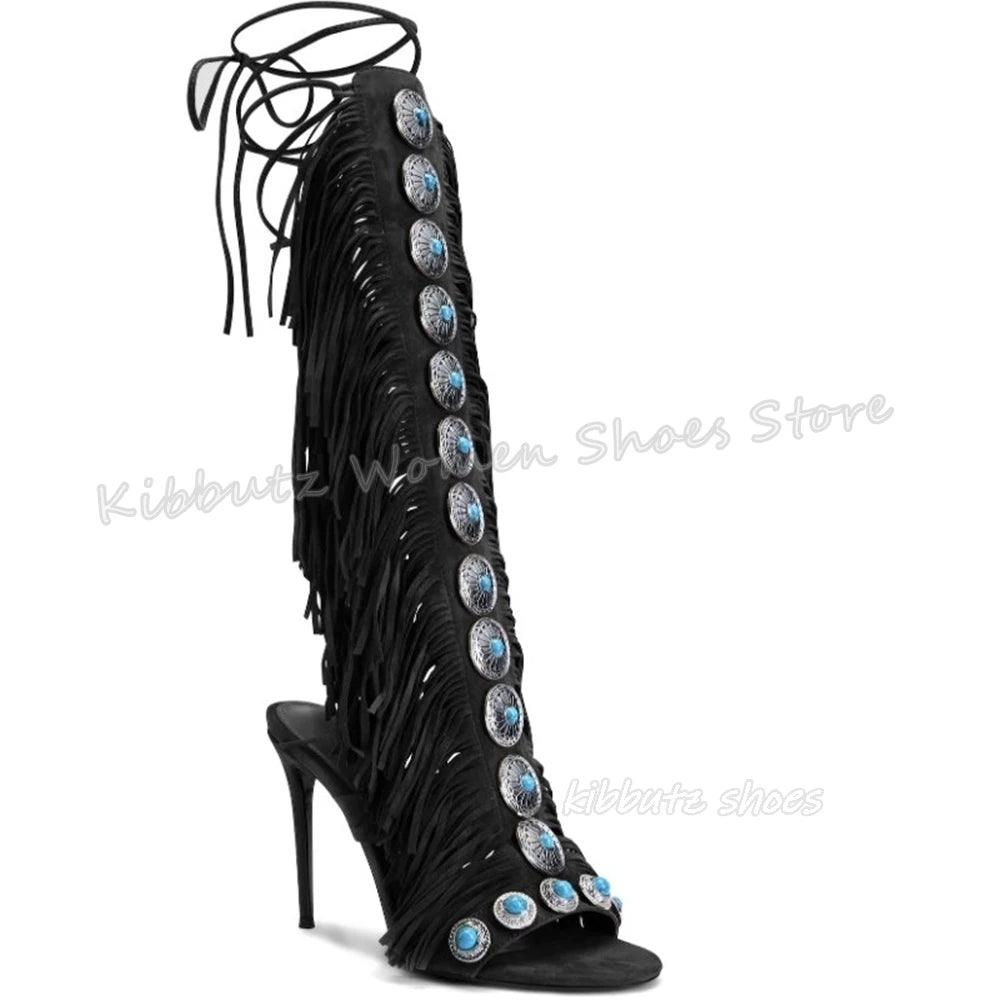Suede Tassels Sandals Knee High Boots Crystal Glossy Solid Color Cross Strap Fashion Luxury Elegant Concise Women Shoes Newest