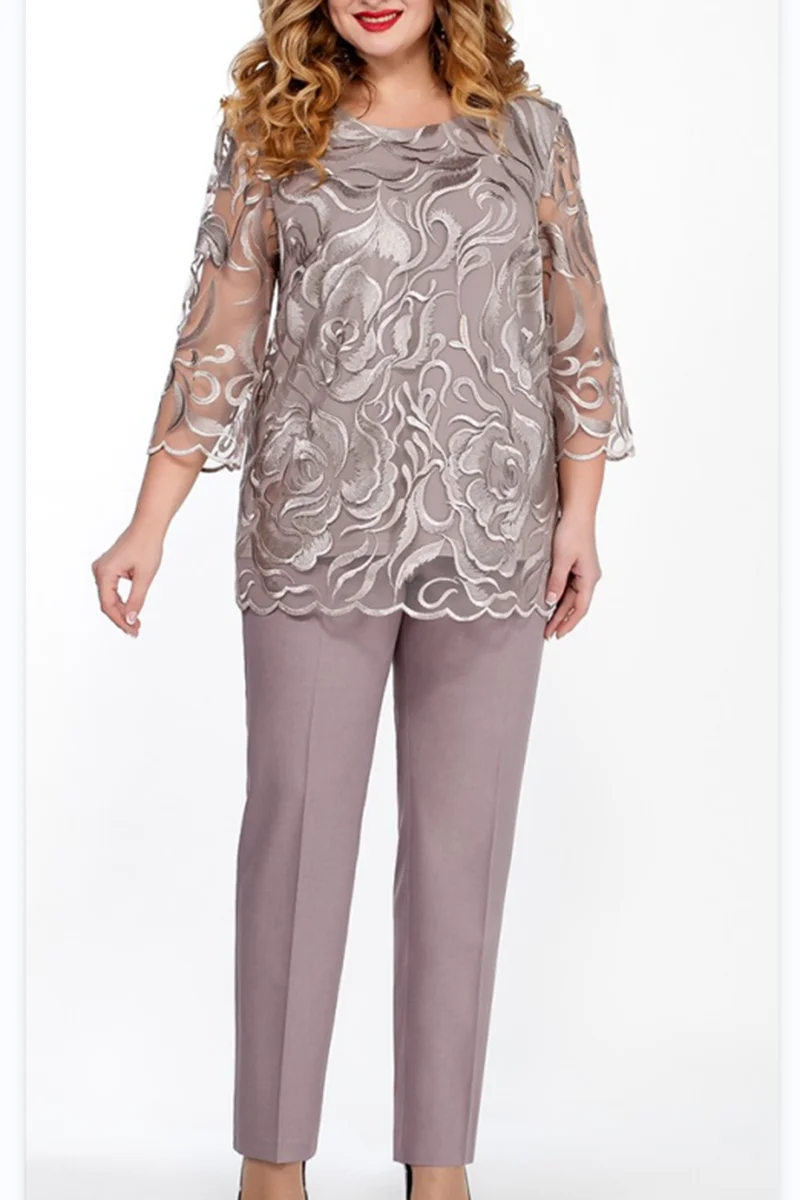 Plus Size Mesh Embroidery 3/4 Sleeve Two Pieces Pant Suits