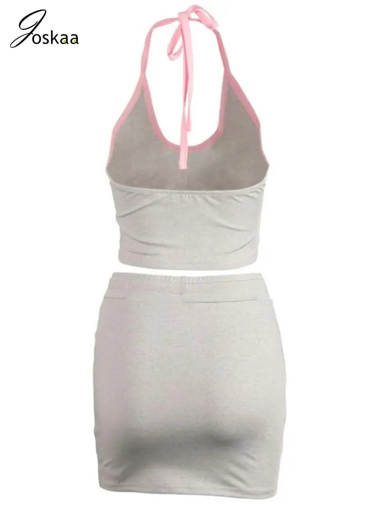 Joskaa 2025 Women's Color Block Sporty Two Piece Set Casual Halter Low-Neck Backless Camisole+Drawstring Skirts Match Tracksuits