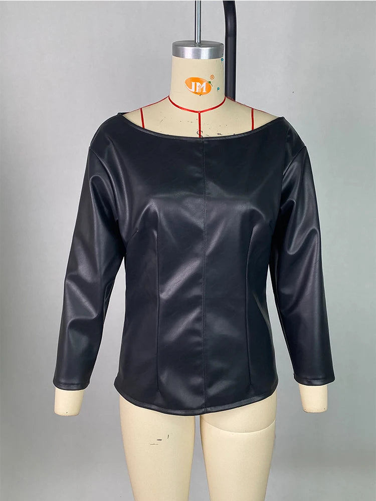 Women PU Leather Round Neck Long Sleeve Blouse Tops Pullover Loose PU Clothes Streetwear Windproof Motorcycle Clothing