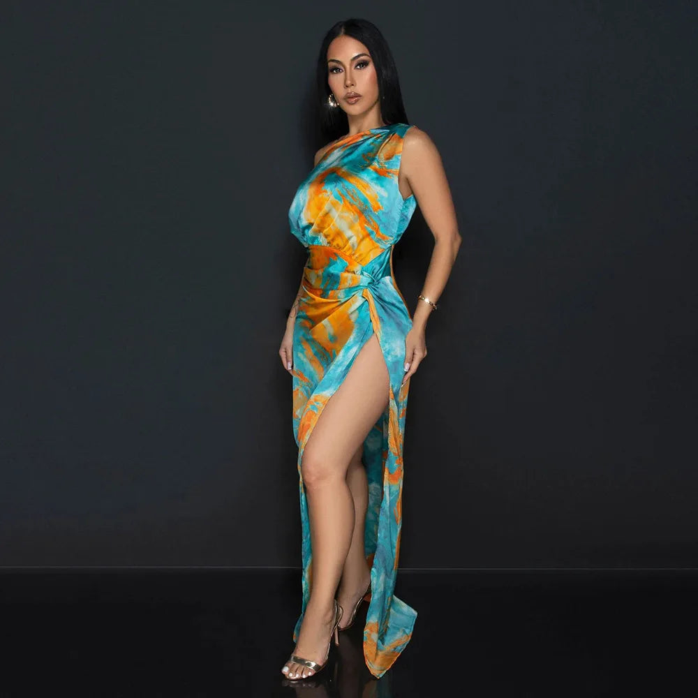 CM.YAYA Women Skew Collar Tie-dye Print Long Dress Summer Streetwear Beach Evening Sexy Night Party Split Maxi Dresses Vestidos
