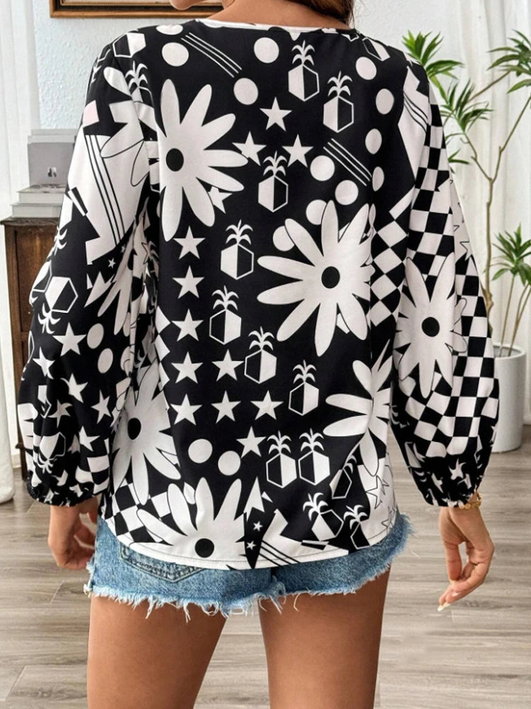 Women's Fashion Elegant Spring Summer Floral Print Lantern Sleeve Shirt Stylish Casual Top for Ladies