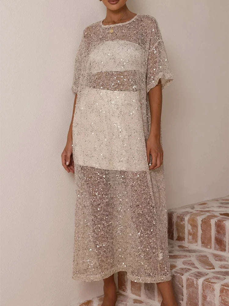 Casual Loose Hollowed Out Sequin Maxi Dress for Women