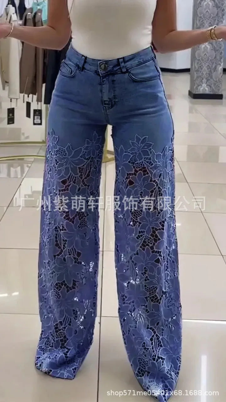 Women's Spring Summer Fashion Hollow Out Lace Splicing Denim Drape Pants Full Length Trousers