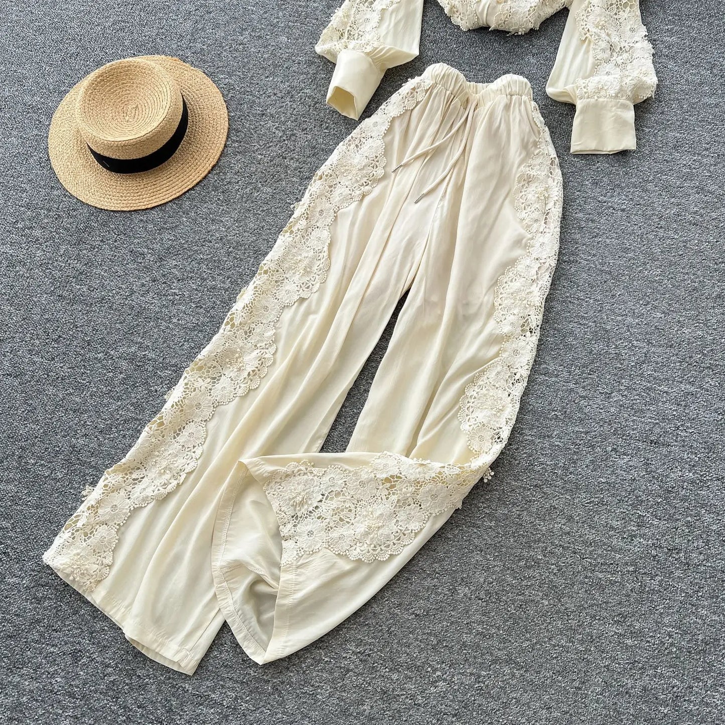 CM.YAYA Fashion Lace Embroidery Patchwork Women's Set Long Sleeve Shirt and Wide Leg Pants 2025 Vacation Two 2 Piece Sets Outfit