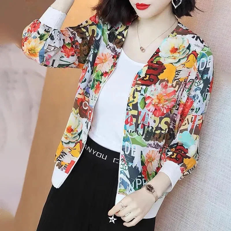 Fashion Print Jacket Female Spring Top 2024Summer UV Protection Joker Short Chiffon Sunscreen Clothing Female Top Thin Shirt Top