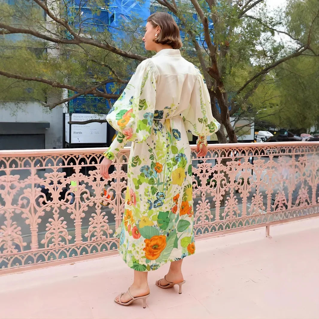 Waist-Cinching Long Lantern Sleeve Printed Dress with Belt Single Button Closure Independent Station Cross-Border Hot Sale Of Th