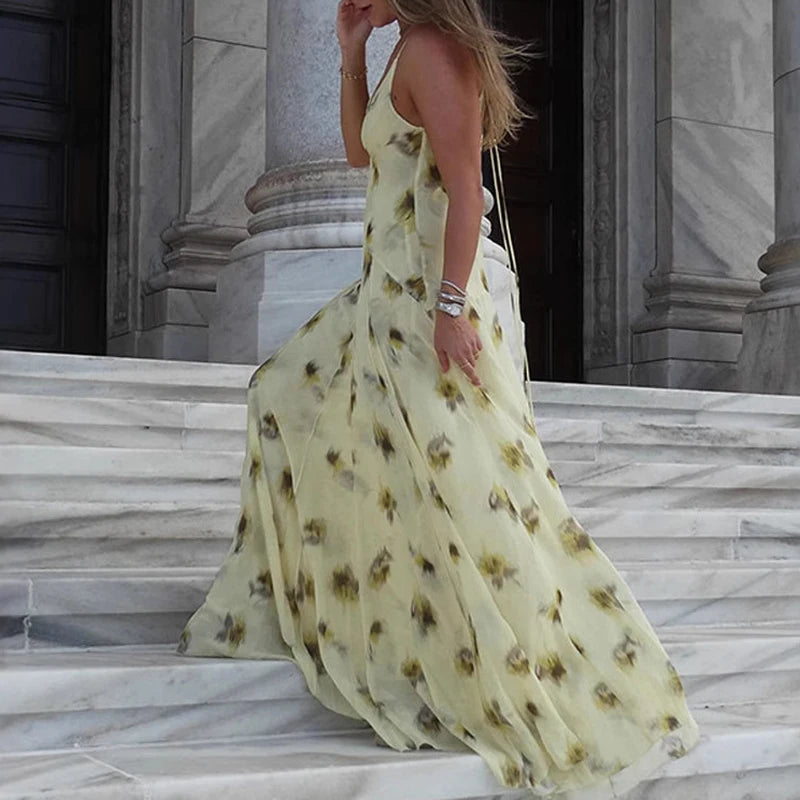 Beach Sleeveless Pleated Banquet Dress Club Party V Neck Ladies Sexy Dress New 2025 Floral Print High Waist Suspender Maxi Dress
