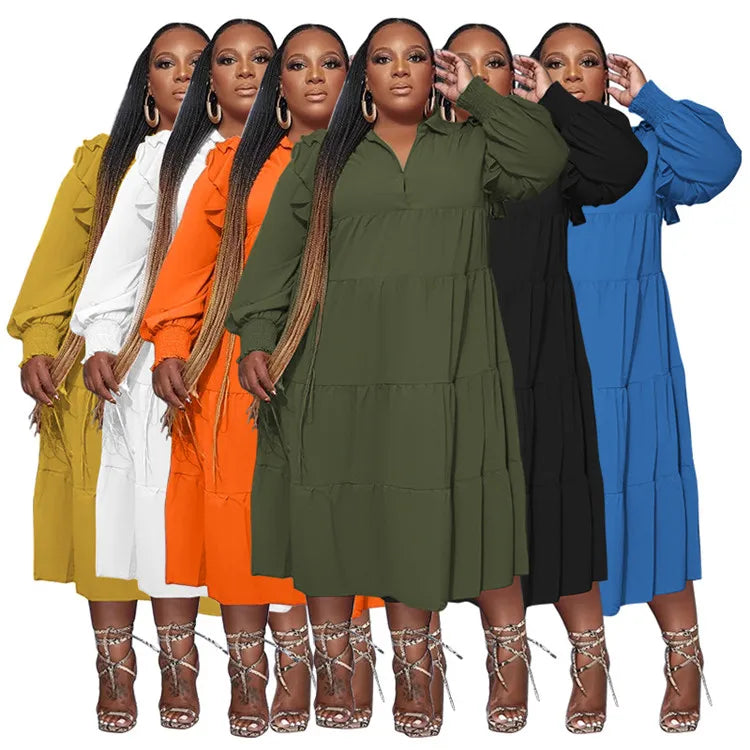 Wmstar Plus Size Women Clothing Dresses Women Petals Long Sleeve Loose Solid Elegant Maxi Shirts Dress Wholesale Dropshipping