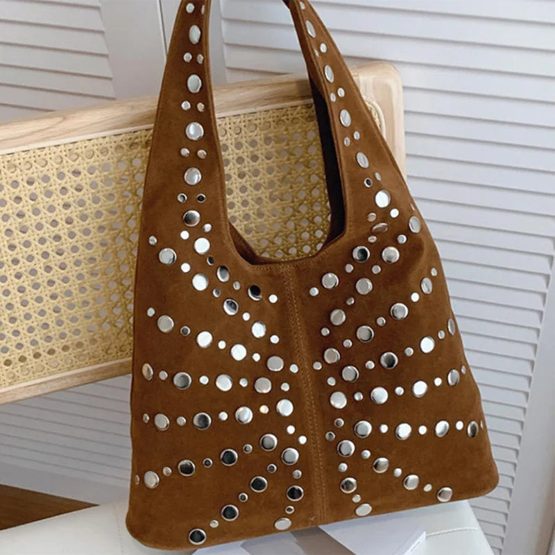 Polka Dot Rivet Tote Bag Women's Fashion Trend Texture Shoulder Bag High-end Luxury Suede Bucket Bag Commuter Female Handbag