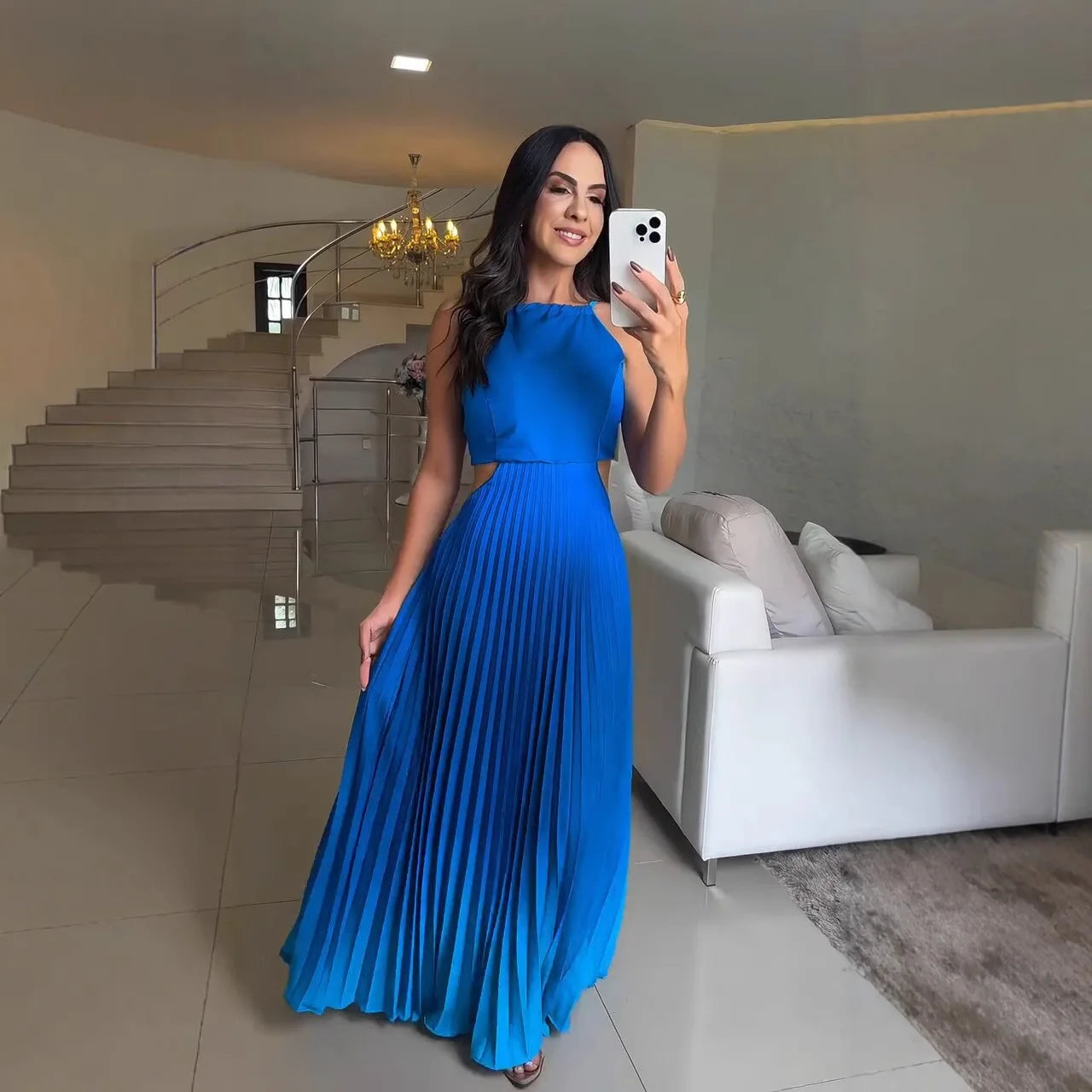 Spring Gradient Print Pleated Dresses Woman 2025 New Halter Tie-up Backless Long Dress Summer Sleeveless Hollow Party Dress