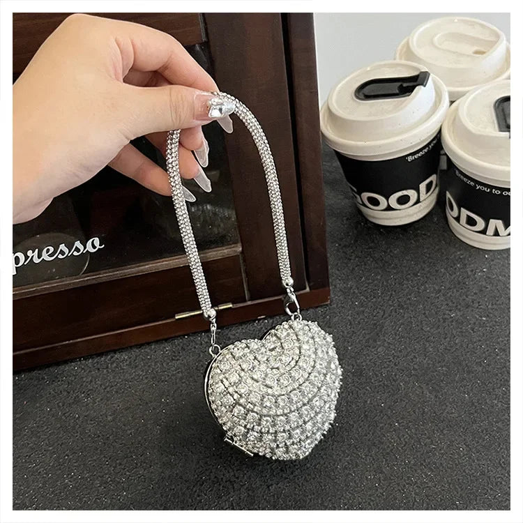 Luxury Mini Diamond Inlay Heart Shape Crystal Clutch Purse Stones Evening Wedding Party Shoulder Bag Handle Rhinestone Handbags