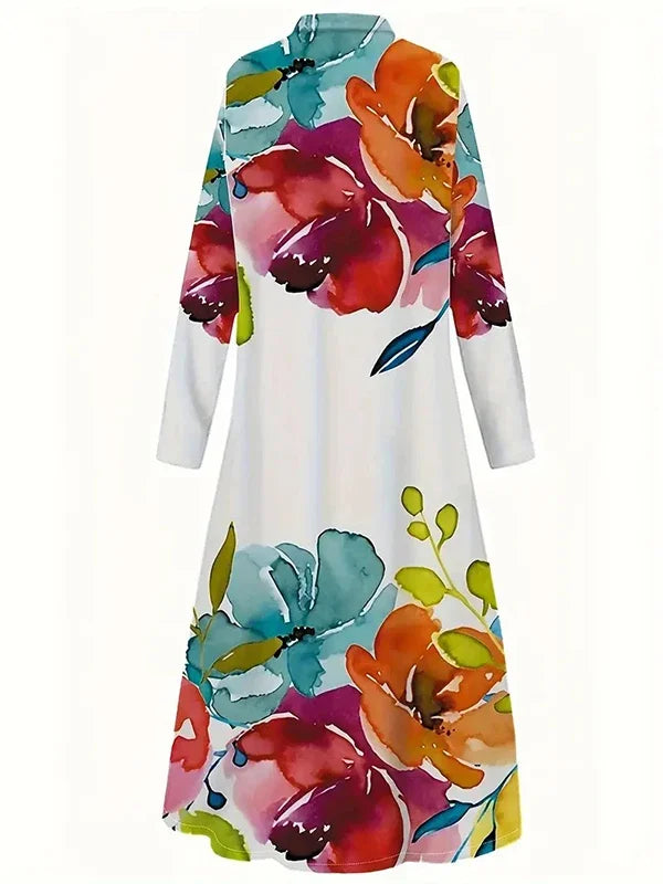 2026 New Spring Elegant Colorful Floral Printed Long Shirt Dress Women Long Sleeves Loose Casual Going Out Vacation Maxi Dresses