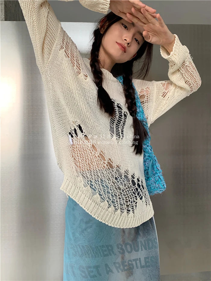 Karrram Gothic Hollow Out Sweater Hole See Through Oversized Knitted Pullovers Emo Streetwear Grunge Clothes Y2k Tops Spring