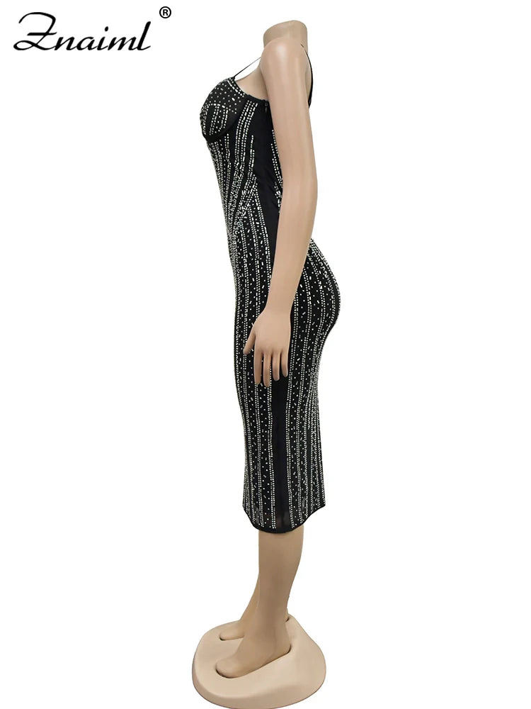 Znaiml Spaghetti Strap Strapless Celebrity Prom Even Midi Dresses for Women Sparkly Crystal Rhinestone Birthday Night Clubwear