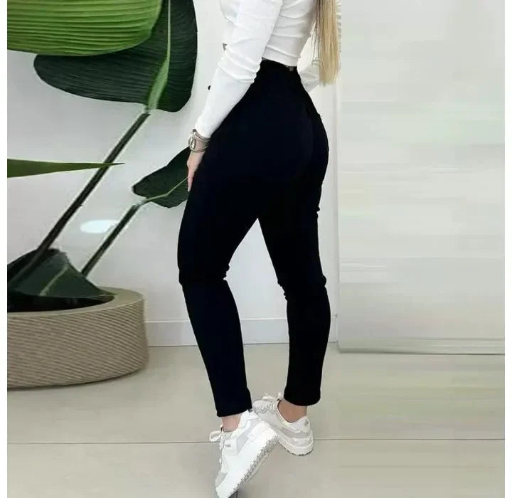 Casual Skinny Pants Women Fashion Drawstring Waist Button Decor Lined High Waist Pocket Daily Trousers Y2k 2024 Spring Autumn